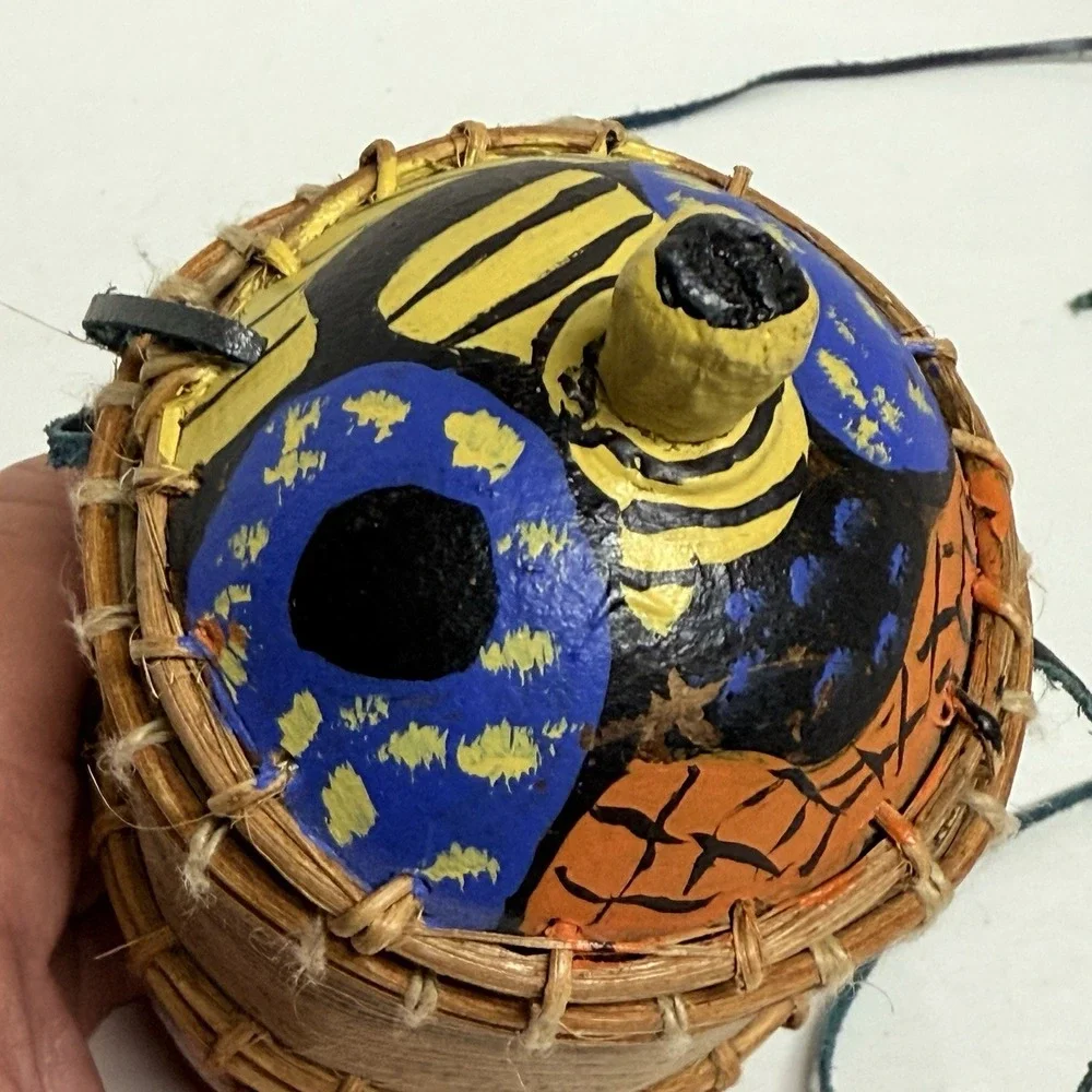 Hand‎ Painted Folk Art Gourd Basket Container Signed CS Southwestern